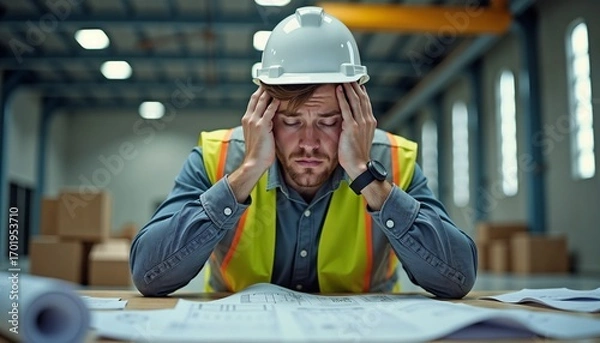 Fototapeta Male engineer in safety vest feeling responsibility overload at construction site office with blueprints