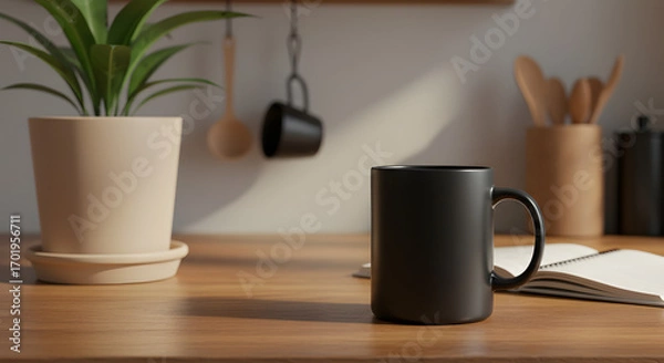 Fototapeta Matte Black Mug with Notebook in Cozy Kitchen Scene