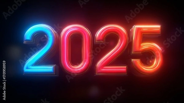 Fototapeta Illuminated 2025: A futuristic display of the year 2025, rendered in vibrant neon lights, glowing with an electric energy against the night.