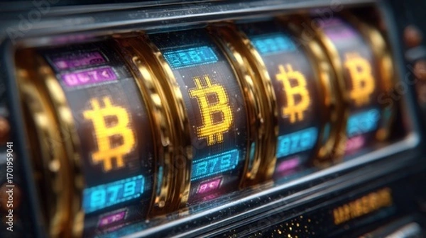 Fototapeta Bitcoin Slot Machine: A dynamic, eye-catching image of a slot machine, its reels displaying the iconic Bitcoin symbol.