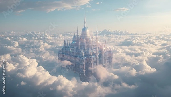 Fototapeta Majestic fantasy castle floating serenely amidst fluffy white clouds, bathed in soft golden light