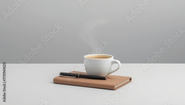 Fototapeta Enjoy a steaming cup of coffee and a pen on a journal, perfect for work or study inspiration.