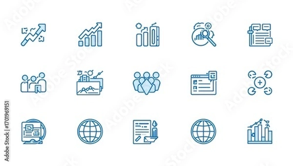 Fototapeta Diverse business icons visualize growth strategy, teamwork, and global reach for modern presentations