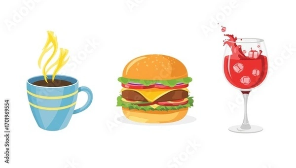 Fototapeta Enjoy a delicious burger with hot coffee and refreshing red wine, perfect for any meal occasion