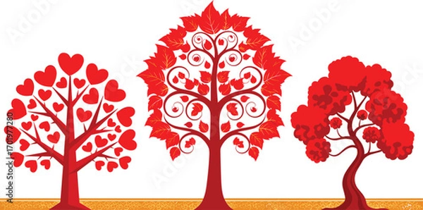 Fototapeta Decorative Red Trees with Heart and Leaf Patterns in Artistic Style for Nature, Love, Wedding, or Seasonal Vector Design