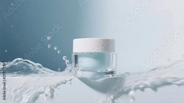Fototapeta Refreshing Skincare Cream Jar with Water Splash, Ideal for Hydrating and Beauty Enthusiasts
​
