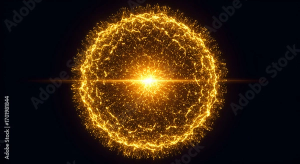 Fototapeta Abstract Gold Energy Sphere with Particle Trails and Glowing Lens Flare