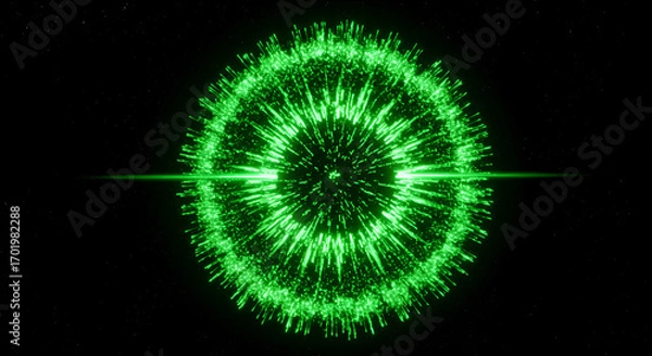 Fototapeta Abstract Green Energy Explosion with Light Ray in Dark Background Render
