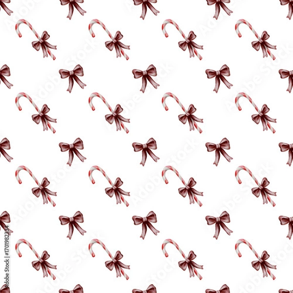 Fototapeta Elegant candy cane and bow watercolor pattern for festive decorations and packaging