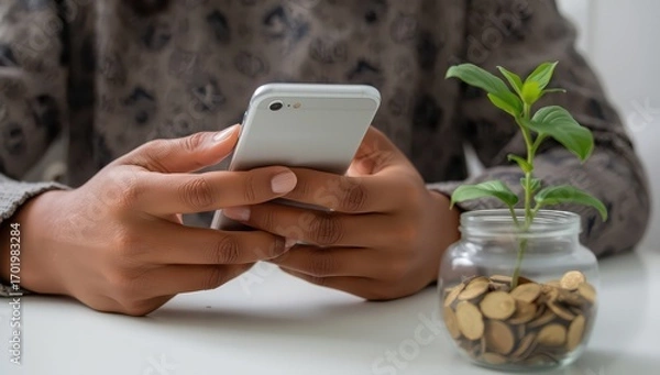 Fototapeta Hands typing on smartphone beside jar filled with coins and a growing plant symbolizing financial growth