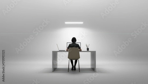 Fototapeta Focused individual working late at a modern desk with laptop, bathed in soft overhead light