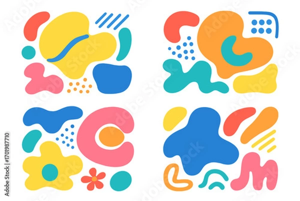 Fototapeta Set of colorful abstract shapes and modern creative design elements. Collection of hand drawn organic forms, doodle spots and geometric patterns for contemporary graphic design.