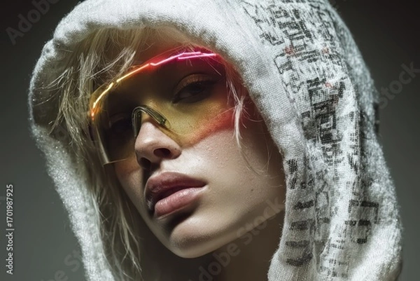 Fototapeta Futuristic fashion figure with silver hoodie and rainbow goggles in minimalist gray setting. Sci-fi inspired avant-garde style.