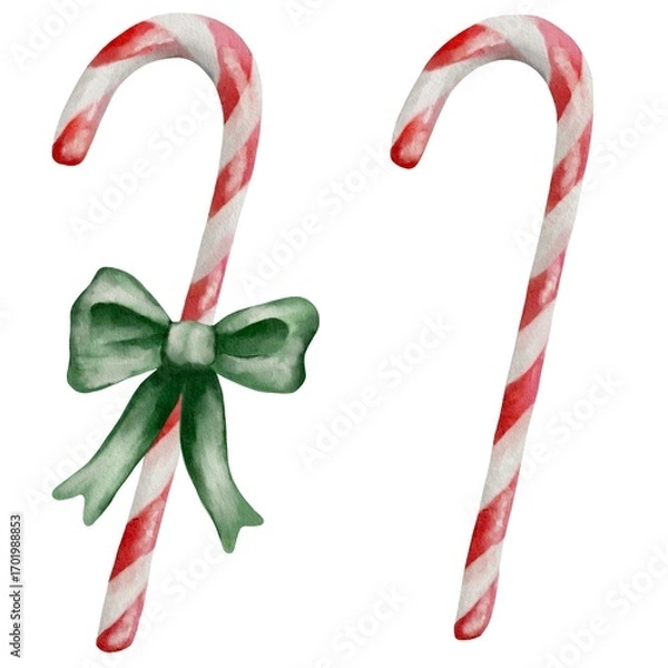 Fototapeta Festive watercolor candy cane design with ribbon in seamless pattern for textile and wrapping use