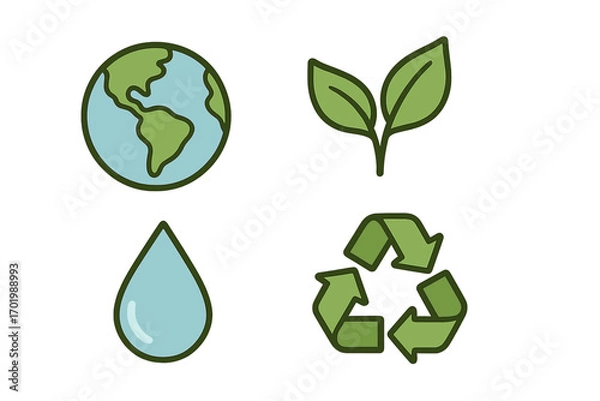 Fototapeta Environmental conservation icons set with Earth globe, green leaves, water drop, and recycling symbol, simple vector cartoon illustration for eco-friendly concepts and sustainability design