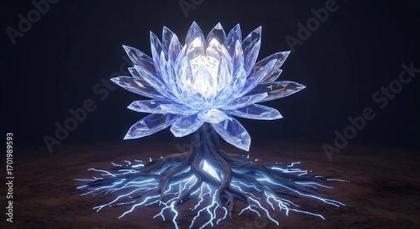 Fototapeta Luminous Crystal Lotus with Electric Glowing Roots