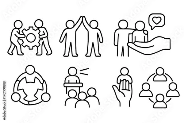 Obraz Teamwork and community icon set. Line art symbols for collaboration, support, partnership, and leadership. Vector icons for presentation, high five, help and social connection.