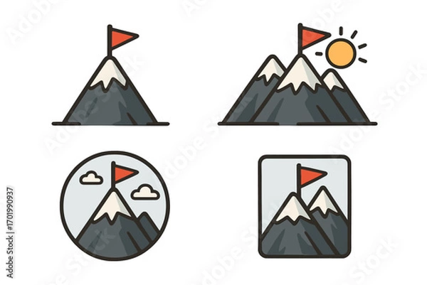 Obraz Mountain with flag icon set. Metaphor for business success, reaching a goal, achievement, and mission accomplished. Vector illustration for victory, leadership, and challenge.