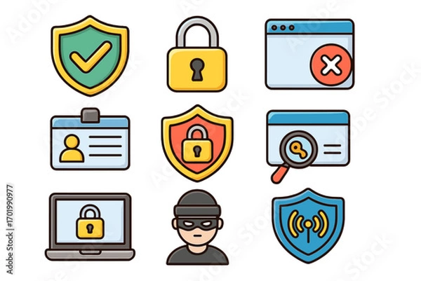 Fototapeta Security icon set. Vector collection of internet safety symbols. Cyber protection, data privacy, secure network, and password concepts. Includes shield, lock, and hacker icons.