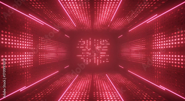 Fototapeta Neon illuminated tunnel with geometric pattern and a futuristic perspective