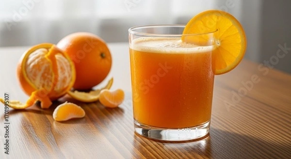 Fototapeta Freshly Squeezed Orange Juice with Orange Slice Garnish on Wooden Table