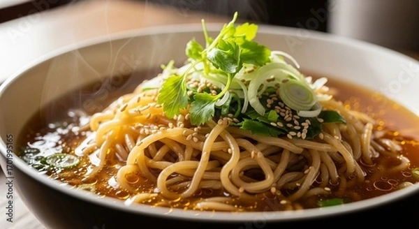 Fototapeta Steaming Bowl of Noodles with Green Onion and Sesame Seeds