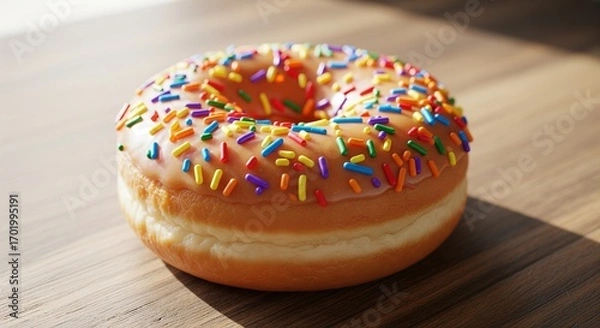 Fototapeta Delicious glazed donut with colorful sprinkles on a wooden surface