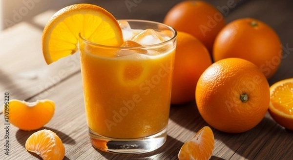 Fototapeta Refreshing orange juice with ice and oranges on rustic wooden table.