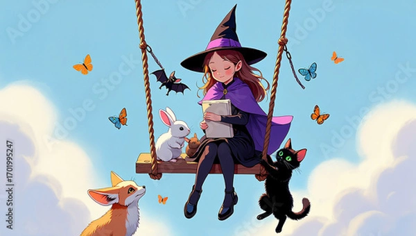 Fototapeta This little witch, her animal friends, and the enchantment of a sunny day make for a truly magical adventure.