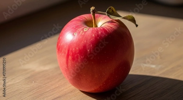 Fototapeta Lustrous red apple resting on a natural wooden table surface