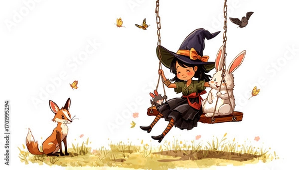 Fototapeta This little witch, her animal friends, and the enchantment of a sunny day make for a truly magical adventure.