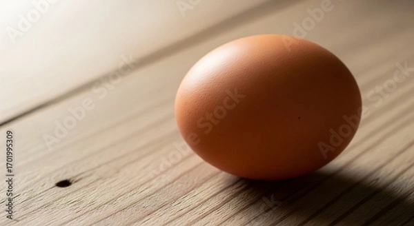 Fototapeta Minimalist composition: One brown egg resting on a textured wooden surface