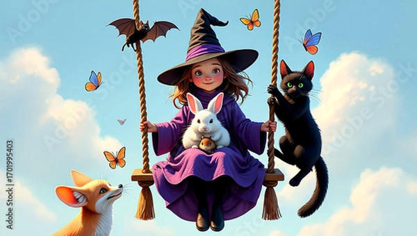 Fototapeta This little witch, her animal friends, and the enchantment of a sunny day make for a truly magical adventure.