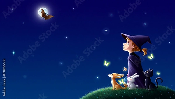 Fototapeta This little witch, her animal friends, and the enchantment of a sunny day make for a truly magical adventure.