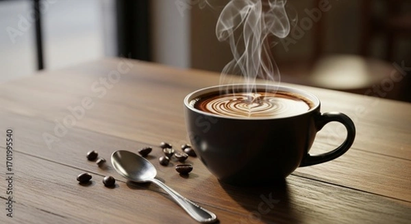 Fototapeta Steaming Cappuccino with Latte Art and Coffee Beans on Wooden Table