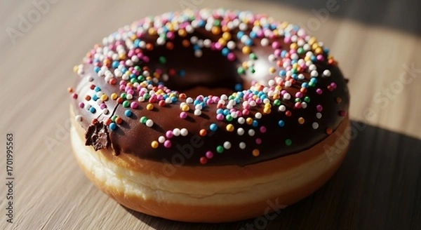 Fototapeta Decadent Donut Delight: Chocolate Frosted Donut with Colorful Sprinkles
