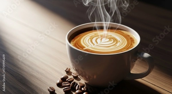Fototapeta Steaming latte art in a white mug with scattered coffee beans.