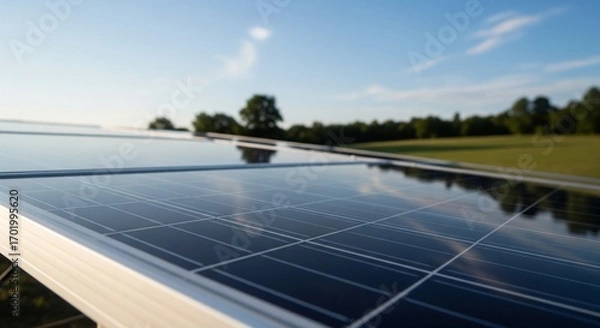 Fototapeta Solar Panels Gleaming Under Blue Skies Reflecting Trees and Clouds