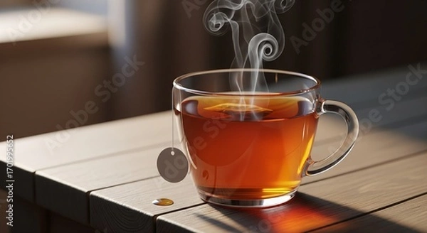 Fototapeta Steaming cup of tea on a rustic wooden table in sunlight