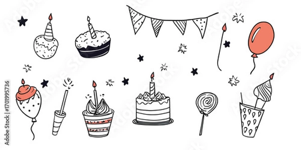 Fototapeta Hand drawn birthday celebration doodle set with cupcakes, cake, balloons, party hat, bunting flags, and festive decoration elements in minimalist style