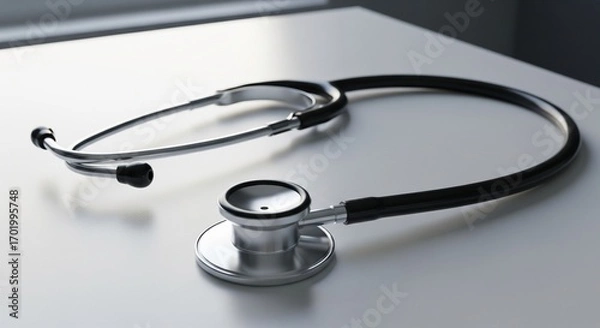 Fototapeta Sleek Stethoscope Resting Gently on White Surface, Minimalist Medical Scene