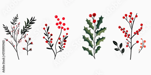 Fototapeta Hand drawn vintage style red berry branches and holly leaves with green spiky foliage festive winter botanical floral elements vector illustration set in flat minimalist design