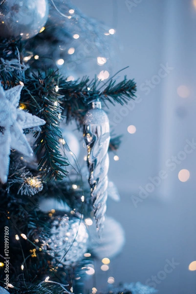 Fototapeta Silver baubles christmas tree