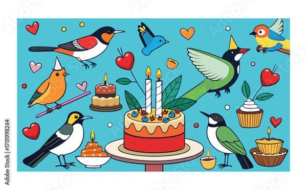 Obraz A symbolic doodle scene merging romantic swans, festive ribbons, birthday cake, and glowing candles with wedding doves in a love-filled composition