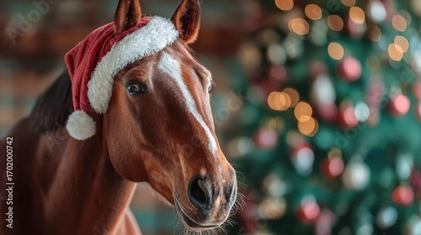 Obraz A horse wearing a Christmas hat stands against a backdrop of festive lights, evoking a warm and cheerful holiday spirit.