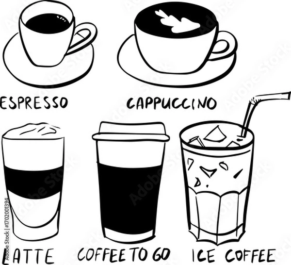 Fototapeta Coffee types illustration doodle