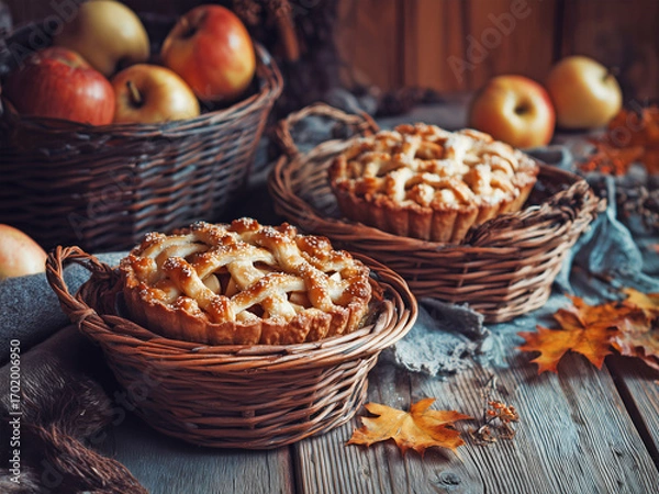Fototapeta Basket with apples and autumn pies on wooden table. Cozy rustic hygge atmosphere, perfect seasonal stock image for autumn home decor.
