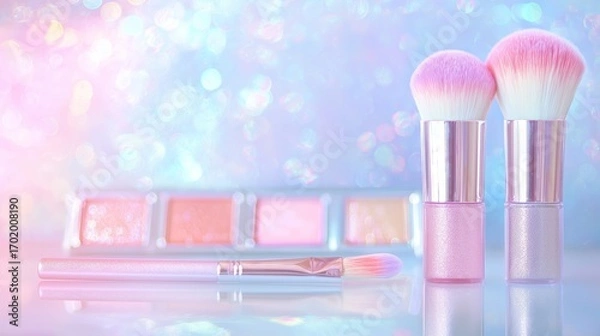 Fototapeta An elegant display of beauty items with a clean, pastel aesthetic and sparkling light.
