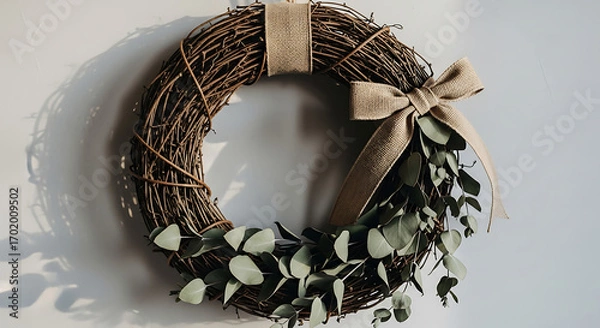 Fototapeta Rustic grapevine wreath adorned with a burlap ribbon and eucalyptus leaves, casting a gentle shadow on a plain wall.