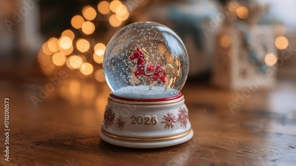 Obraz Christmas snow globe with a miniature red horse and the number 2026 against festive lights.